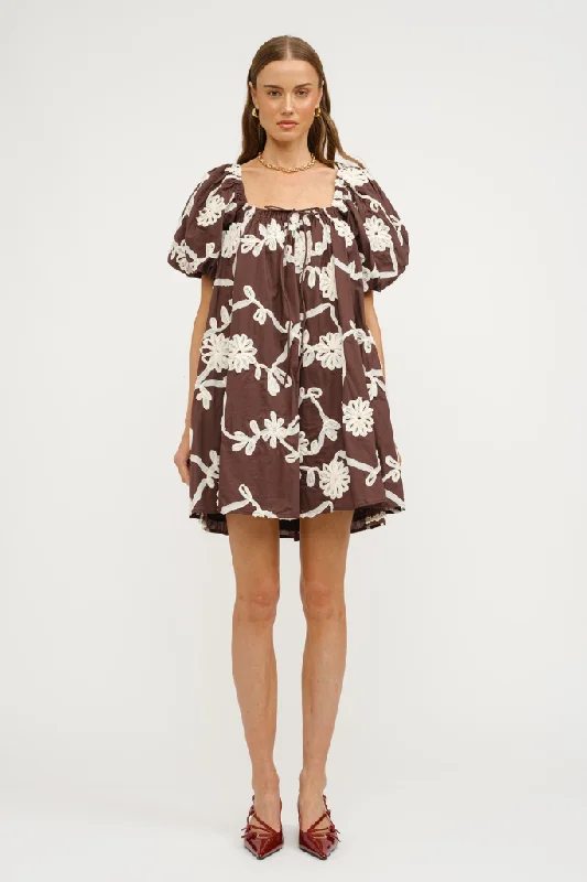 Short and Sweet Embroidered Mini Dress in Brown